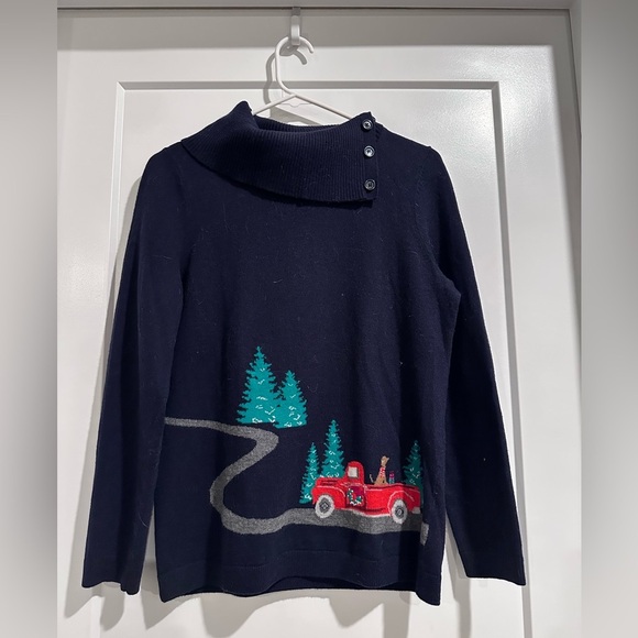 Talbots Blue Novelty Cowlneck Christmas Wool Blend Sweater Size Medium Petite - Picture 2 of 8